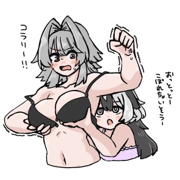 2girls :o anger_vein arm_up black_bra black_hair blush bra breast_lift breasts brown_eyes camisole clenched_hand collarbone coralie_6626_planck cropped_torso erdos_helia grey_hair hair_intakes honkai_(series) honkai_impact_3rd long_hair medium_breasts mokkyo_(motkyo) multicolored_hair multiple_girls navel pink_camisole simple_background sweat translation_request trembling two-tone_hair underwear underwear_only upper_body v-shaped_eyebrows wavy_mouth white_background
