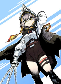 Rule 34 | 1girl, arknights, arm behind head, belt, breasts, brown shorts, cape, closed mouth, fartooth (arknights), feet out of frame, frown, gauntlets, geonbanmaen, green cape, grey hair, high-waist shorts, highres, light blush, long hair, long sleeves, looking at viewer, pouch, shirt, shorts, small breasts, solo, standing, thigh pouch, thigh strap, visor (armor), weapon, white shirt, yellow eyes