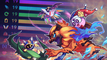 Rule 34 | bat wings, blue eyes, blue fire, bow, bowtie, claws, dragoon (kirby), fangs, fire, flower, fmoptimist, galaxia (sword), gloves, hair flower, hair ornament, hat, highres, holding, holding sword, holding weapon, hydra (kirby), jester cap, kirby (series), kirby air ride, kirby air riders, leo (kirby), magolor, marx (kirby), meta knight, nintendo, open mouth, outline, pom pom (clothes), red bow, red bowtie, sword, weapon, white outline, wings, yellow eyes, yellow gloves, youtube video thumbnail