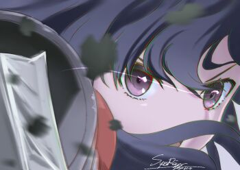 1girl assault_lily chromatic_aberration close-up commentary debris eye_trail eyelashes hair_over_mouth light_trail long_hair looking_at_viewer open_mouth purple_hair shirai_yuyu signature solo superraiser white_background