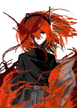 1girl a.i._voice adachi_rei belt bug butterfly closed_mouth expressionless floating_hair hair_ornament hair_over_one_eye hair_ribbon headlamp headset highres insect kosan_(ikatokai) long_sleeves looking_at_viewer medium_hair one_side_up partially_shaded_face radio_antenna red_belt red_eyes red_hair ribbon simple_background skirt solo straight-on turtleneck utau white_background