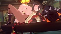 2girls 3d animated ass black_hair breasts brown_hair clothed_female_nude_female dark-skinned_female dark_skin fingering genshin_impact hat highres horizontalslope hu_tao_(genshin_impact) interior jewelry medium_breasts multicolored_hair multiple_girls multiple_rings nipples nude open_clothes pussy red_eyes red_hair ring sound spread_legs streaked_hair symbol-shaped_pupils video xinyan_(genshin_impact) yellow_eyes yuri