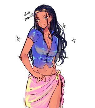 1girl black_hair blue_shirt character_name commentary cowboy_shot eyewear_on_head hair_slicked_back high_collar long_hair looking_at_viewer midriff mih0 navel nico_robin one_piece pink_sarong sarong shirt short_sleeves simple_background smile sparkle white_background