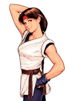 1girl arm_over_shoulder braid brown_eyes brown_hair capcom_vs._snk capcom_vs._snk_2 converse dougi fingerless_gloves game_cg gloves hand_on_own_hip headband highres martial_arts_belt mori_toshiaki non-web_source official_art red_headband ryuuko_no_ken shoes sleeveless smile sneakers snk solo spandex the_king_of_fighters yuri_sakazaki