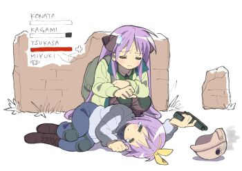 2girls absurdres backpack bag black_bow boots bow brick_wall brown_boots closed_eyes comedic_sweatdrop frown green_jacket green_shirt gun hair_bow hair_ribbon handgun health_bar helmet highres hiiragi_kagami hiiragi_tsukasa jacket knee_pads lucky_star multiple_girls playerunknown&#039;s_battlegrounds purple_hair ribbon shirt siblings sisters sketch_background surume_(hir0ndelle) tears twins twintails unfinished unworn_headwear unworn_helmet weapon yellow_ribbon