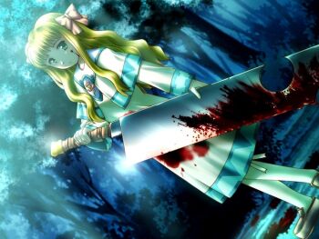 Rule 34 | blonde hair, blood, forest, green eyes, hair ribbon, long hair, nature, ribbon, sword, tree, weapon