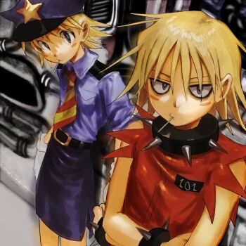 2girls belt blonde_hair blush_stickers bracelet collar crunchcontrol gloves grey_eyes hat highres jewelry lollipop_in_mouth looking_at_viewer multiple_girls necktie original police police_hat prison_clothes shirt short_necktie skirt spiked_bracelet spiked_collar spikes striped_necktie torn_clothes torn_shirt white_gloves wispy_bangs
