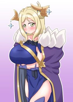 1girl absurdres blonde_hair blush breasts cape closed_mouth earrings frown genjitsu_no_yohane gloves gradient_background green_eyes highres horns huge_breasts jewelry long_hair looking_at_viewer love_live! love_live!_sunshine!! marurumadoka ohara_mari purple_background simple_background solo standing thighs