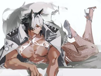 1boy absurdres animal_ear_piercing animal_ears bare_pectorals black_hair closed_mouth collared_jacket crossdressing crossdressing_(mtf) ear_piercing hashtag-only_commentary high_heels highres jacket komano_manato komano_manato_(white_heart_silhouette) lace_pantyhose lace_pantyhose_hooked_on_heel_(meme) looking_to_the_side lying male_focus meme multicolored_hair noiruground on_stomach pantyhose pectorals piercing red_eyes scar scar_on_chest shoes signature spiked_jacket two-tone_hair white_background white_hair white_jacket white_shoes wing_collar zenless_zone_zero