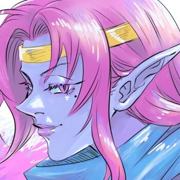 1girl asymmetrical_bangs cape circlet dark_elf elf facing_to_the_side fortune_teller head_only lowres mishaela_(shining_force) nose okeko pointy_ears purple_eyes purple_lips shining_(series) shining_force_i simple_background sketch solo