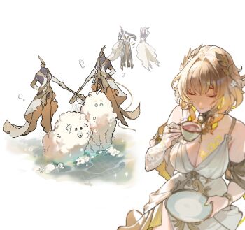 absurdres aglaea_(honkai:_star_rail) animal blonde_hair breasts cleavage closed_eyes cup dog dress garmentmaker_(honkai:_star_rail) head_wreath highres holding holding_cup holding_plate honkai:_star_rail honkai_(series) large_breasts medium_hair phainon_(honkai:_star_rail) plate saber_beam simple_background sleeveless sleeveless_dress soap_bubbles teacup white_background white_dress