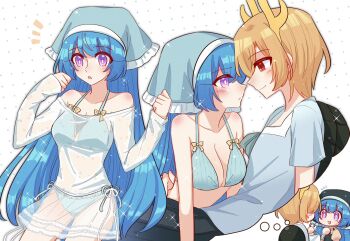 2girls apron bikini blonde_hair blue_bikini blue_bow blue_hair blue_headscarf blue_shirt blush bow breasts clothes_hanger commentary dragon_horns dress eye_contact green_apron green_headscarf green_skirt haniyasushin_keiki headscarf highres horns image_in_thought_bubble kicchou_yachie large_breasts long_hair looking_at_another mask_(boring_mask) multiple_girls open_mouth puffy_sleeves purple_eyes red_eyes see-through_clothes shirt short_hair short_sleeves skirt smile swimsuit touhou turtle_shell very_long_hair white_bow yellow_bow yellow_dress yuri