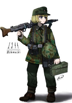 1girl ammunition_belt ammunition_box blonde_hair box brown_shoes camouflage canteen cold_ice_(artist) commentary_request full_body gun hat helmet highres holding holding_box holding_gun holding_weapon looking_afar machine_gun mg42 military_combat_uniform military_uniform original over_shoulder shoes solo weapon weapon_over_shoulder wehrmacht white_background world_war_ii