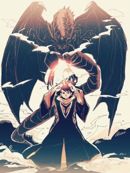 1boy bahamut_(final_fantasy) bartz_klauser brown_hair dragon dragon_horns dragon_tail dragon_wings final_fantasy final_fantasy_v horns light oversized_clothes saitou_piyoko short_hair simple_background smoke summoner_(final_fantasy) summoning tail white_background wide_sleeves wings