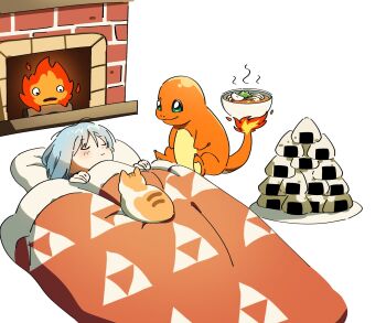 1boy blue_hair calcifer calico_(pattern) calico_cat cat_on_chest charmander closed_eyes closed_mouth fireplace food food_stack fubuki_(nige_jouzu_no_wakagimi) futon gen_1_pokemon hair_between_eyes happy head_on_pillow highres hikobe_fubuki howl_no_ugoku_shiro male_focus mitsu_uroko nige_jouzu_no_wakagimi nintendo noodles onigiri pillow plate pokemon pokemon_(creature) ramen smile steaming_food under_covers white_background