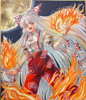 1girl baggy_pants bow collared_shirt dress_shirt fire fujiwara_no_mokou hair_bow highres hime_cut long_sleeves mitsu~ ofuda ofuda_on_clothes pants red_eyes red_pants shirt sidelocks solo suspenders touhou traditional_media white_bow white_shirt
