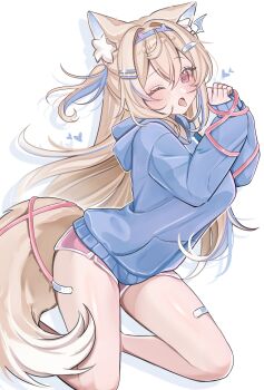 1girl absurdres animal_ear_fluff animal_ears bandaid bandaid_hair_ornament bandaid_on_leg blonde_hair blue_hairband blue_hoodie blue_streaks blush breasts commentary crossed_bangs dog_ears dog_girl dog_tail double-parted_bangs fake_horns full_body fuwawa_abyssgard hair_between_eyes hair_ornament hairband hairclip hands_up heart highres hololive hololive_english hood hood_down hoodie horn_hairband horns long_hair long_sleeves looking_at_viewer medium_breasts multicolored_hair one_eye_closed open_mouth own_hands_together parallel_hairclips pink_eyes rosheil simple_background solo streaked_hair tail tongue tongue_out virtual_youtuber white_background