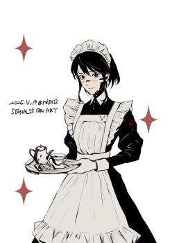 1girl alternate_costume android apron black_dress black_hair blue_eyes cowboy_shot cup dated dress enmaided eule_(signalis) fune_(nkjrs12) highres holding holding_tray looking_at_viewer maid maid_headdress short_hair signalis signature simple_background smile solo standing teacup teapot tray white_apron white_background