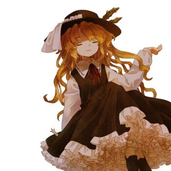 1girl blonde_hair brown_dress brown_footwear brown_hat closed_eyes closed_mouth collared_shirt dress frilled_dress frilled_headwear frills hat hat_feather hat_ribbon jacket_girl_(dipp) long_sleeves neck_ribbon petticoat puppet_strings red_ribbon retrochaossan ribbon shirt simple_background smile solo touhou transparent_background wavy_hair white_ribbon white_shirt zun_(style)