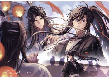 2boys ahoge architecture bishounen black_hair black_hanfu blurry chinese_clothes closed_mouth cloud commentary_request couple crowd day east_asian_architecture floating_hair grey_sash hair_between_eyes hair_ornament hair_ribbon hand_up hanfu hanging_lantern headband high_ponytail highres lan_wangji lantern light_particles long_hair long_sleeves looking_at_another male_focus modao_zushi multiple_boys multiple_views outdoors paper_lantern parted_lips ponytail purple_eyes red_ribbon ribbon ring_toss robe semiusa1010 sidelocks sky tassel tassel_hair_ornament topknot twitter_username upper_body weapon wei_wuxian white_hanfu white_headband wide_sleeves xiao_guan_(headdress) yaoi yellow_eyes