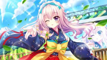 1girl ahoge blue_bow blue_eyes blue_kimono blue_sky bow braid breasts cloud cloudy_sky crown_braid day detached_sleeves dot_nose film_grain game_cg hair_bow izumi_tsubasu japanese_clothes kimono leaf lens_flare long_braid long_hair medium_breasts mole mole_under_eye mount_fuji non-web_source obi official_art one_eye_closed outdoors parted_lips pink_hair print_kimono railing re:stage! sash screen shiratori_amaha_(re:stage!) sky solo sparkle stage stage_lights yellow_bow