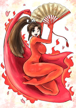 Rule 34 | 1girl, ;d, bodysuit, breasts, brown eyes, brown hair, cape, cherry blossoms, cloak, fatal fury, fire, floral print, folded fan, folding fan, full body, hair ribbon, hand fan, happy, high ponytail, highres, holding, holding fan, holding weapon, impossible clothes, kicdon, large breasts, latex, latex bodysuit, long hair, looking at viewer, one eye closed, open mouth, petals, ponytail, profile, red bodysuit, red cape, ribbon, rose petals, shiranui mai, sideboob, skin tight, smile, snk, solo, the king of fighters, weapon