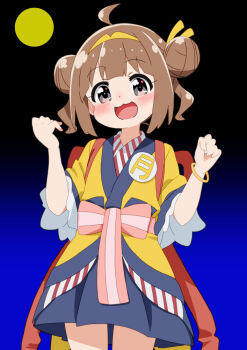 1girl :d ahoge black_eyes blue_skirt bracelet brown_hair commentary cowboy_shot double_bun full_moon hair_bun hairband imadake_tsukimi_tabemi japanese_clothes jewelry kimono looking_at_viewer mcdonald&#039;s miniskirt mizusaki_johnko moon open_mouth pleated_skirt sash short_hair short_sleeves skirt smile solo standing striped_clothes tasuki vertical-striped_clothes yellow_hairband yellow_kimono