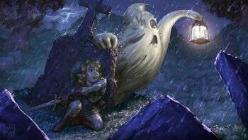 1boy arm_up blonde_hair boots brown_boots brown_gloves cloud commentary dark_cloud elbow_gloves english_commentary fingerless_gloves ghini ghost gloves grass graveyard green_hat green_tunic hat hiding highres holding holding_lantern holding_sword holding_weapon inktober lantern lightning link long_sleeves male_focus medium_hair nintendo one-eyed pantyhose phrygian_cap pointy_ears rain scared sleeveless_tunic squatting storm_cloud studystudiomax sword the_legend_of_zelda the_legend_of_zelda_(nes) tombstone tree tunic two-handed weapon white_pantyhose white_sleeves