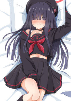 1girl arm_up bed_sheet beret black_choker black_gloves black_hair black_hat black_sailor_collar black_serafuku black_shirt black_skirt black_socks blue_archive blunt_bangs blush bra bra_strap choker closed_mouth collarbone comiching commentary_request crying crying_with_eyes_open dot_nose embarrassed eyes_visible_through_hair feet_out_of_frame flat_chest full-face_blush furrowed_brow gloves hair_between_eyes hair_over_eyes halo hand_under_pillow hat highres justice_task_force_member_(blue_archive) knee_up kneehighs loli long_hair long_sidelocks long_sleeves looking_at_viewer lying midriff navel neckerchief off_shoulder on_back on_bed on_pillow pillow pleated_skirt red_eyes red_halo red_neckerchief sailor_collar school_uniform serafuku shirt sidelocks single_bare_shoulder skirt socks solo split_mouth sweat sweatdrop tears thighs trinity_general_school_logo underwear very_long_hair white_bra