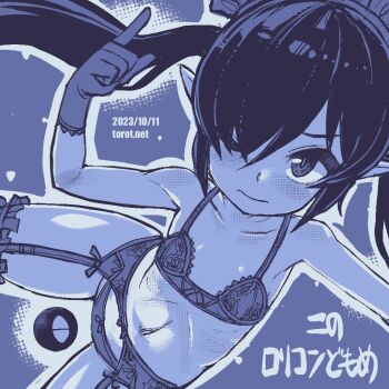 1girl backbeako_(torotei) backbeard blue_background blush bra breasts closed_mouth collarbone commentary dated dated_commentary female_focus frilled_thigh_strap garter_belt gegege_no_kitarou gloves hair_over_one_eye hair_ribbon hand_up index_finger_raised kono_lolicon_domome legs_apart light_frown lingerie loli long_hair looking_at_viewer monochrome navel one_eye_closed original paid_reward_available panties pointy_ears ribbon ribs simple_background slit_pupils small_breasts solo thigh_strap torotei translated twintails underwear underwear_only watermark web_address