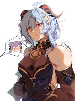 Rule 34 | 2girls, ahoge, bare shoulders, black dress, black gloves, blue hair, blush, breasts, commentary, detached sleeves, dress, ganyu (genshin impact), ganyu (twilight blossom) (genshin impact), genshin impact, gloves, hair ornament, highres, horns, keqing (genshin impact), looking at viewer, medium breasts, multiple girls, muscular, muscular female, nose blush, official alternate costume, purple eyes, purple hair, short hair, simple background, sleeveless, sleeveless dress, smile, tapeanna, twintails, upper body, white background, yuri