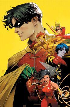 2girls 4boys aqualad archery artist_name black_hair bow_(weapon) bumblebee_(dc) cape commentary dan_mora dc_comics dick_grayson domino_mask donna_troy english_commentary eye_mask gloves green_gloves highres insect_wings kid_flash lasso_of_truth male_focus mask multiple_boys multiple_girls robin_(dc) roy_harper speedy_(dc) teen_titans wally_west weapon western_comics_(style) wings wonder_girl yellow_background yellow_cape