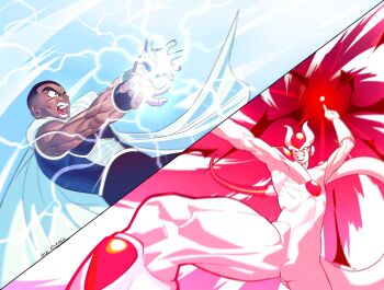 2boys absurdres alien arm_guards artist_name black_eyes black_hair black_pants cape chest_jewel colored_skin commentary commission dark-skinned_male dark_skin dragon_ball dragon_ball_xenoverse english_commentary fade_(haircut) fighting floating_clothes forehead_jewel from_below gem grin highres horns imminent_attack index_finger_raised kamehameha_(dragon_ball) koralldiz lightning looking_down looking_up male_focus mirai_senshi motion_blur multiple_boys muscular muscular_male open_mouth original pants red_eyes red_gemstone saiyan_armor short_hair smile split_screen tail teeth very_short_hair white_cape white_horns white_skin