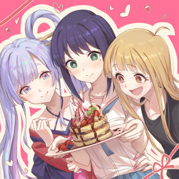 Rule 34 | 3girls, :d, ahoge, black shirt, blonde hair, blue eyes, blue skirt, brown outline, cho kaguya-hime!, closed mouth, collarbone, commentary request, dutch angle, fingernails, food, fruit, green eyes, hair rings, hand on another's hip, hand on another's shoulder, heart, highres, holding, holding plate, kaguya (cho kaguya-hime!), kamome yuu, long fingernails, long hair, multiple girls, nail polish, off shoulder, open mouth, outline, pancake, pancake stack, pink background, pink nails, plate, pleated skirt, purple hair, red eyes, runami yachiyo, sailor collar, sakayori iroha, school uniform, serafuku, shirt, skirt, smile, strawberry, valentine, very long hair, white sailor collar, white shirt