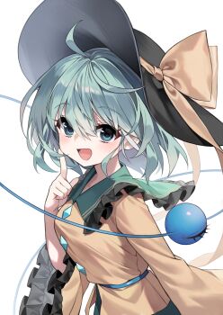 1girl black_hat blush bow collared_shirt commentary_request commission eyeball frilled_sleeves frills green_eyes green_hair green_skirt hat hat_bow highres komeiji_koishi long_sleeves looking_at_viewer pixiv_commission pudding_(skymint_028) shirt simple_background skirt smile solo third_eye touhou white_background wide_sleeves yellow_bow yellow_shirt