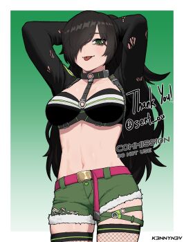 1girl :p arms_behind_head artist_name belt black_bra black_hair bra breasts choker commentary commission commissioner_name cowboy_shot english_commentary fishnet_thighhighs fishnets gradient_background green_background green_eyes green_shorts hair_over_one_eye highres k3nnyn3v kate_(sent_ou) long_hair long_sleeves medium_breasts navel o-ring o-ring_thigh_strap original pink_belt short_shorts shorts solo standing stomach thank_you thigh_strap thighhighs tongue tongue_out torn_clothes underwear watermark