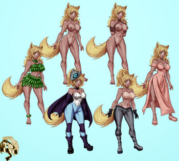 Rule 34 | 1girl, 7th-heaven, alternate costume, animal ears, bandeau, bare shoulders, barefoot, blonde hair, blue eyes, boots, breasts, cape, choker, cleavage, completely nude, curvy, dark-skinned female, dark skin, elbow gloves, female focus, full body, gloves, gluteal fold, highres, large breasts, long hair, looking at viewer, mask, navel, nude, personification, pussy, solo, sonic (series), sonic the hedgehog (idw), tail, whisper the wolf, wide hips