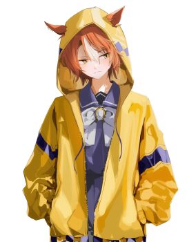 1girl absurdres animal_ears averting_eyes bow bowtie brown_hair commentary dictus_striker_(umamusume) ears_through_headwear ears_through_hood facing_viewer hair_between_eyes hands_in_pockets highres hood hooded_jacket hoodie horse_ears horse_girl jacket long_sleeves looking_down multicolored_hair open_clothes open_jacket purple_sailor_collar purple_serafuku purple_shirt purple_skirt sailor_collar sailor_shirt school_uniform serafuku shirt short_hair simple_background skirt solo standing streaked_hair tracen_school_uniform umamusume umamusume:_cinderella_gray white_background white_bow white_bowtie white_hair yellow_eyes yellow_hood yellow_hoodie yellow_jacket yoojp