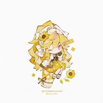 1girl ;) ball_hands black_shirt blonde_hair brown_gloves brown_shoes chibi chibi_only closed_mouth commission flower full_body gloves hair_flower hair_ornament hand_up highres jacket kanae_(cookie) long_hair long_sleeves looking_at_viewer one_eye_closed open_clothes open_jacket original pink_eyes ponytail sample_watermark shirt shoes simple_background sitting skirt smile solo twitter_username very_long_hair watermark white_background white_jacket yellow_skirt