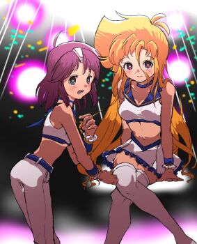 2girls ahoge arm_support bad_id bad_twitter_id bare_arms bare_shoulders blonde_hair blush bracelet breasts character_request choker closed_mouth commentary_request crossed_legs female_focus frilled_skirt frills grey_eyes jewelry leaning_forward long_hair looking_at_viewer looking_back marty_(mega_man) medium_breasts mega_man_(series) mega_man_x_(manga) mega_man_x_(series) midriff miniskirt multiple_girls navel open_mouth pachakoucy pants purple_hair short_hair skirt spotlight thighhighs white_legwear white_pants white_skirt zettai_ryouiki