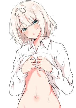 1girl black_ribbon blue_eyes blush clothes_lift commentary crying crying_with_eyes_open hair_ribbon hanamura_hinako highres kitanai_kimi_ga_ichiban_kawaii long_sleeves navel_piercing nuooooodoomo open_mouth piercing ribbon shirt_lift short_hair simple_background solo sweat tears white_background white_hair