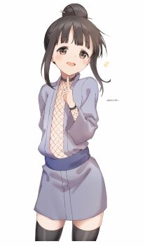 1girl arm_behind_back black_hair black_thighhighs blunt_bangs brown_eyes finger_to_mouth fishnet_top fishnet_sleeves fishnet_top fishnets grey_kimono hair_bun hair_ornament hair_stick highres japanese_clothes kimono koishi_(kiwi0314) kunoichi_tsubaki_no_mune_no_uchi long_hair mokuren_(kunoichi_tsubaki_no_mune_no_uchi) ninja open_clothes open_kimono open_mouth short_kimono sidelocks simple_background single_hair_bun smile solo thighhighs thighs white_background