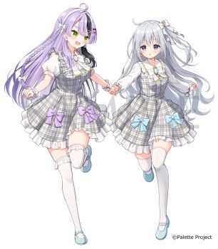 2girls :d :o ahoge alternate_costume black_streaks blue_bow blue_shoes bow bowtie breasts center_frills collared_shirt commentary_request cosplay dress dress_bow fang fortissimo frilled_shirt_collar frilled_thighhighs frills full_body green_eyes grey_dress grey_hair hair_bow hair_ornament hanazora_satsuki highres holding_hands holiday_holiday_(love_live!) kanaru_hanon large_breasts leg_up link!_like!_love_live! long_hair love_live! mary_janes medium_breasts multiple_girls musical_note musical_note_hair_ornament official_art one_side_up open_mouth palette_project parted_lips pinafore_dress plaid_clothes plaid_dress puffy_short_sleeves puffy_sleeves pulling purple_bow purple_eyes purple_hair running saotome_gabu shirt shoes short_dress short_sleeves simple_background skin_fang sleeveless sleeveless_dress smile thighhighs very_long_hair virtual_youtuber white_background white_bow white_bowtie white_shirt white_thighhighs zettai_ryouiki