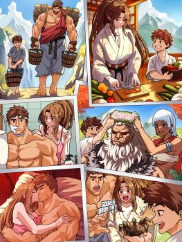 2girls 3boys 6koma absurdres akuma_(street_fighter) alternate_costume animal bed blue_eyes blurry blush bored breasts bucket bug child closed_eyes comic crossover cucumber dark-skinned_female dark_skin day elena_(street_fighter) english_text fatal_fury father_and_son feet food glowing glowing_eyes head_wreath highres hug japanese_clothes kimono kiss kitchen kitchen_knife knife large_breasts long_hair mirror mother_and_son mountain multiple_boys multiple_girls muscular muscular_male open_mouth photo_(medium) pillow red_eyes ryu_(street_fighter) scared serious shaving shaving_cream shiranui_mai short_hair smile spider street_fighter street_fighter_6 sweat tarantula teeth tree vegetable vlizzyvlizz117 white_hair window wood wood_bucket worried