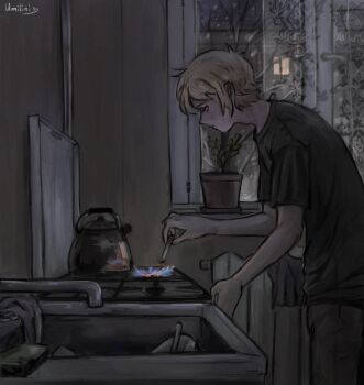 1boy alternate_costume basil_(faraway)_(omori) basil_(omori) black_shirt blonde_hair cigarette curtains flower_pot from_side highres holding holding_cigarette indoors kettle male_focus night omori plant potted_plant shirt short_hair short_sleeves solo stove t-shirt umilini2 window