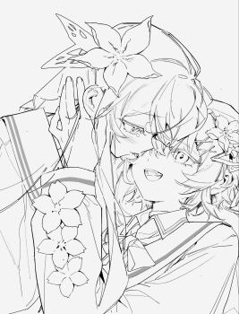 2girls cherry_blossoms commentary_request flower greyscale hair_flower hair_ornament hand_on_another&#039;s_head highres long_hair long_sleeves looking_at_another mahou_shoujo_no_majo_saiban matcha00 monochrome multicolored_hair multiple_girls neck_ribbon nikaido_hiro open_mouth ribbon sakuraba_ema shirt short_hair smile tears upper_body white_background x_hair_ornament yuri