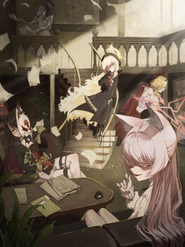 5girls absurdres akemi_(blue_archive) akira_(blue_archive) animal_ear_fluff animal_ears black_eyes black_hair black_halo black_hat black_jacket black_kimono black_sailor_collar black_shirt blonde_hair blue_archive blush boots bow cane cat_ears cat_girl chest_sarashi closed_mouth colored_inner_hair commentary_request crossed_legs evil_smile fox_ears fox_girl fox_mask fox_tail gloves hair_between_eyes hair_over_one_eye halo hat highres holding holding_cane holding_mask jacket jacket_on_shoulders japanese_clothes kai_(blue_archive) kimono kongaru_123 long_hair mask multicolored_hair multiple_girls muscular muscular_female open_mouth pants pink_hair pink_halo pleated_skirt professor_niyaniya_(blue_archive) red_bow red_eyes red_hair red_halo red_jacket red_sash red_skirt sailor_collar sarashi sash shaded_face shirt side_slit sidelocks sitting skirt smile tail two-tone_hair wakamo_(blue_archive) white_boots white_gloves white_hair white_jacket white_pants white_shirt white_skirt yellow_eyes yellow_halo