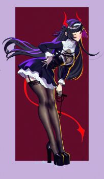 1girl absurdres astra_yao black_dress black_hair black_shoes black_thighhighs bodystocking border breasts closed_mouth demon_horns demon_tail dress frilled_sleeves frills from_side garter_straps hair_intakes hairband hand_on_own_hip hashtag-only_commentary hhhhhddd_audn high_heels highres holding holding_whip horns large_breasts layered_dress leaning_forward long_hair looking_at_viewer one_eye_closed purple_border red_background red_eyes red_horns red_tail sharp_tail shoes smile solo tail thighhighs turtleneck white_hairband zenless_zone_zero