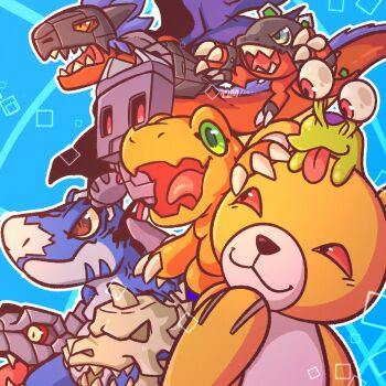 Rule 34 | agumon, deltamon, digimon, digimon (creature), highres, looking at another, mametyramon, megadramon, monzaemon, numemon, open mouth, red eyes, smile, tongue, tongue out