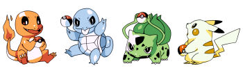 balancing_on_finger bluekomadori bulbasaur charmander claws fangs fire flame-tipped_tail full_body gen_1_pokemon highres holding holding_poke_ball lineup multiple_monochrome nintendo no_humans open_mouth pikachu plant poke_ball pokemon pokemon_(creature) pokemon_rgby simple_background squirtle tail tongue tongue_out vines white_background